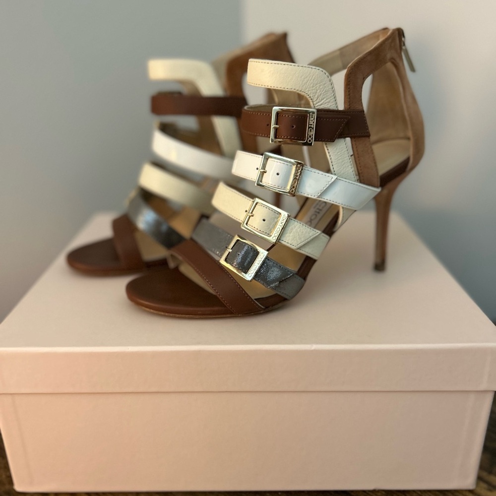 Jimmy Choo Leather Mix Strapped Heels Bought